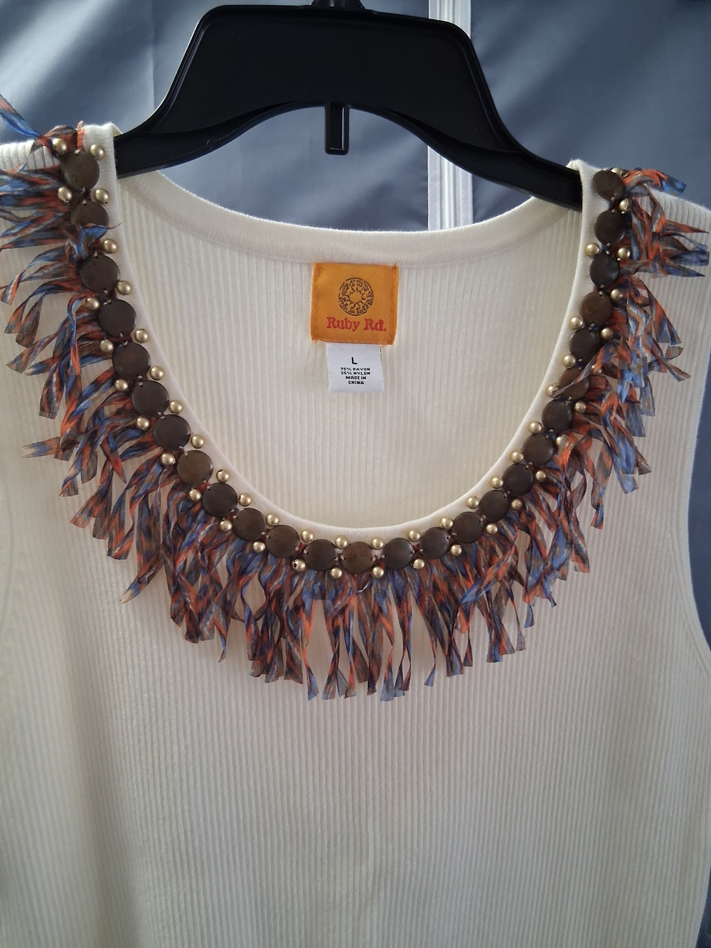 Ruby Rd. Cream Ribbed Tank with Beaded Fringe Neckline - Picture 4 of 7